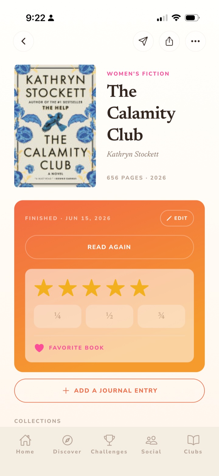 Readery book page — The Calamity Club by Kathryn Stockett, finished June 15 2026, 5 stars, marked as favorite