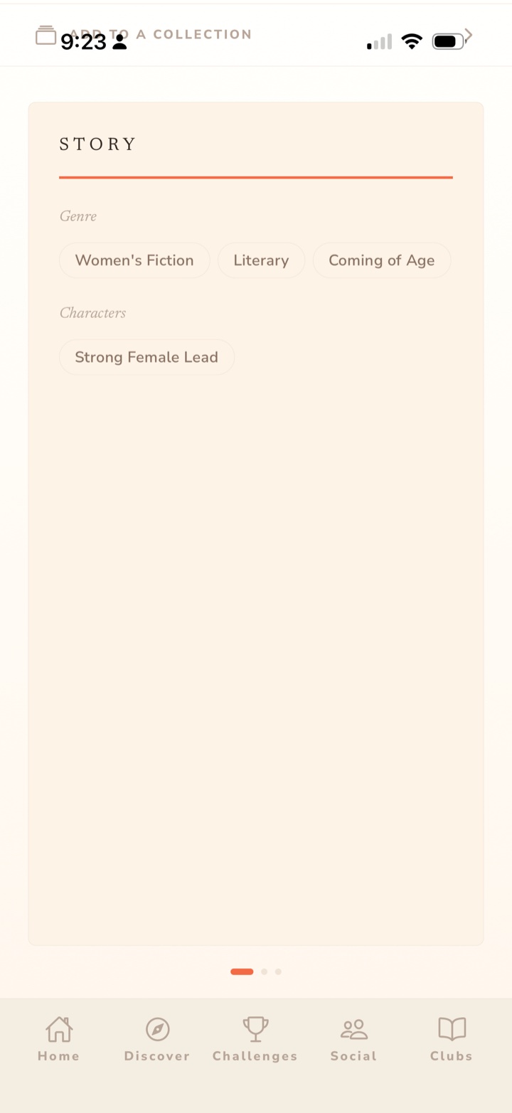 Book page STORY tab — Women's Fiction, Literary, Coming of Age genre chips