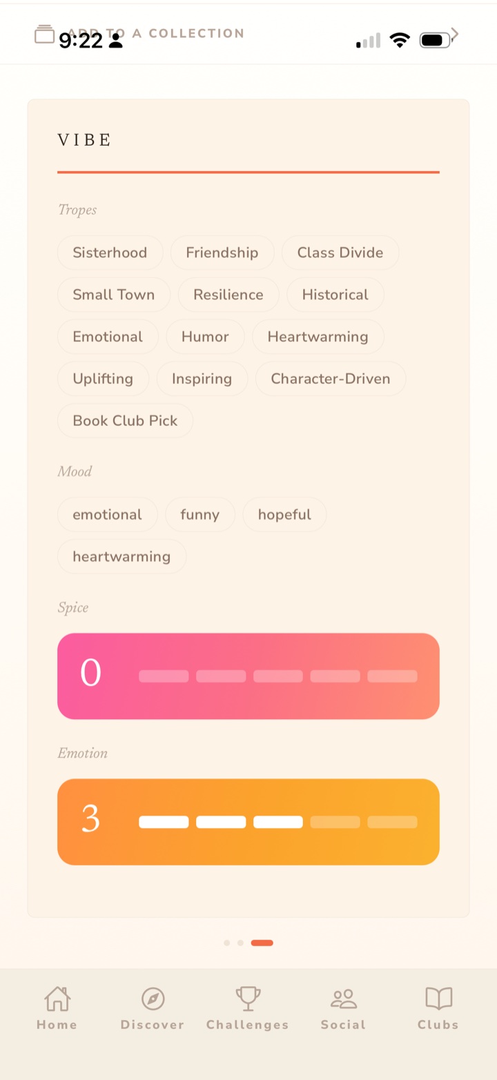 Book page VIBE tab — tropes, moods, spice and emotion gradient bars