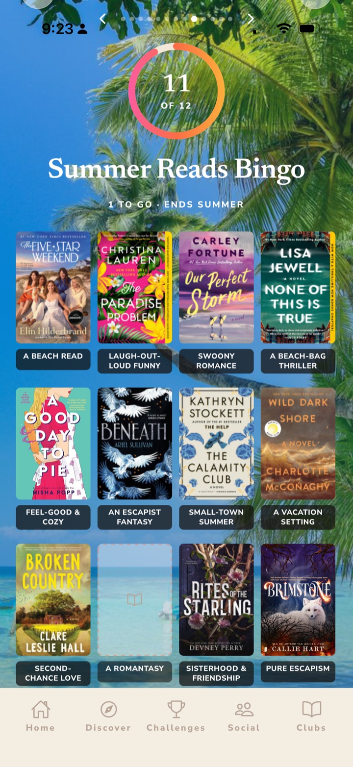 Readery Summer Reads Bingo challenge board — 11 of 12 books filled, showing real book covers in a 4x3 grid over a beach photo background