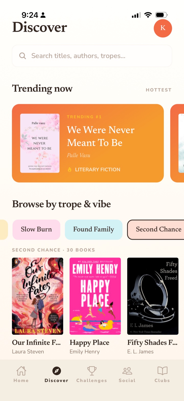 Readery Discover tab — search field, Trending Now card, Browse by trope and vibe chips, Second Chance results with real book covers